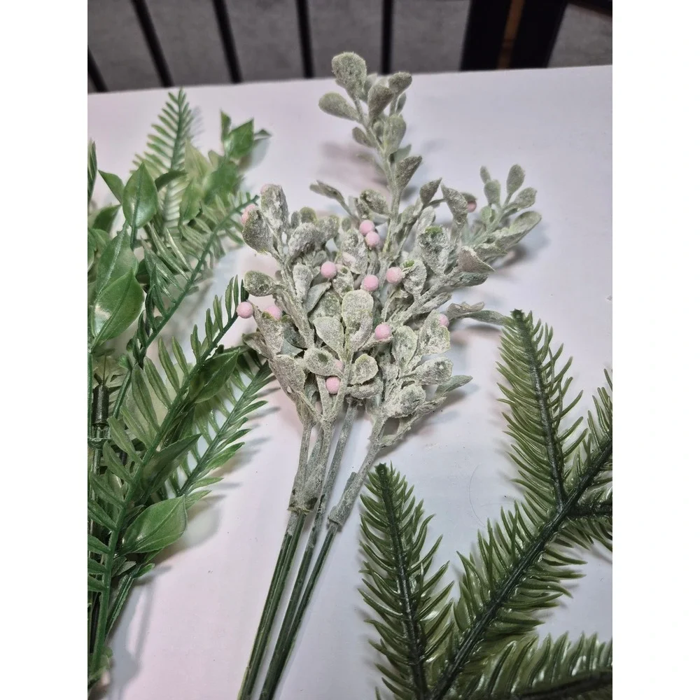 Artificial Greenery Stems Bundle Fern Frosted Pink Berry Pine Branch 13 Inch